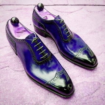 Blue Oxford Genuine Patent Leather Rounded Cut Toe Handmade Men Party Shoes - £109.64 GBP