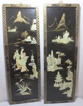 Chinese Set of 2 Mother of Pearl Black Lacquer Panels 36 x 12 Mt Fuji Geishas - £136.89 GBP