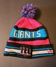New York Giants New Era Pink Blue Black Stripe Cuffed Pom Hat Cap Beanie Womens - £18.57 GBP