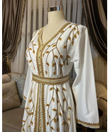 Stylish White &amp; Gold Kaftan Embroidered Georgette Moroccan Hand Work Dre... - $203.40 CAD