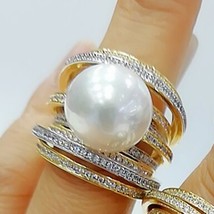 Trendy Twist Pearl Statement Rings for Women Cubic Zircon Finger Rings Beads Cha - $30.77