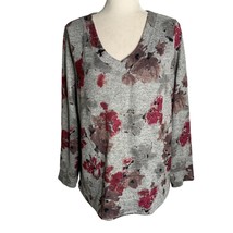 Ellen Tracy Long Sleeve Fleece Shirt L Grey Floral V Neck Pockets Pullover - £14.78 GBP