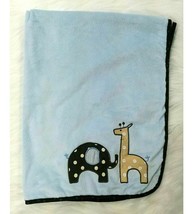 Lambs &amp; Ivy Baby Blanket Blue Brown Giraffe Elephant Boy Circles Securit... - $14.99