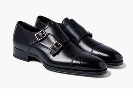 Handmade leather double monk shoes black original leather dress men straps shoes - $169.99+