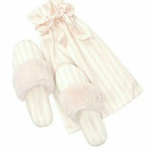 Victoria&#39;s Secret Classic White Pink Stripe Fuzzy Cozy Satin Slippers Large 9 10 - £23.35 GBP