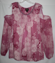JM Collection WOMAN XL Pink Floral Blouse Cold Shoulder Top Beaded Round... - $26.99
