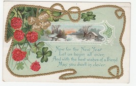 Vintage Postcard New Year Shamrock Clover Cottage in Snow 1911 Gold Border Trim - £6.22 GBP