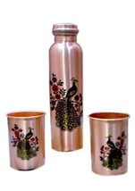 Premium Designer Pure Copper Water Bottle with Two Glasses Tumblers 950 ml - £33.64 GBP