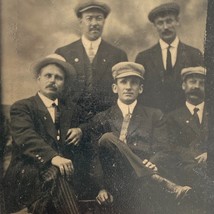 1800s Ferro Tintype Handsome 5 Men Panama &amp; Poor-Boy Hats Studio Portrait - £20.25 GBP