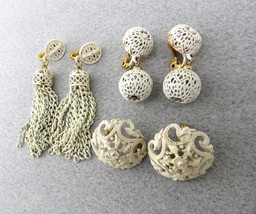 Lot 3 Monet Clip Earrings Luxury White Wash Enamel Open Work Filigree Da... - $29.69