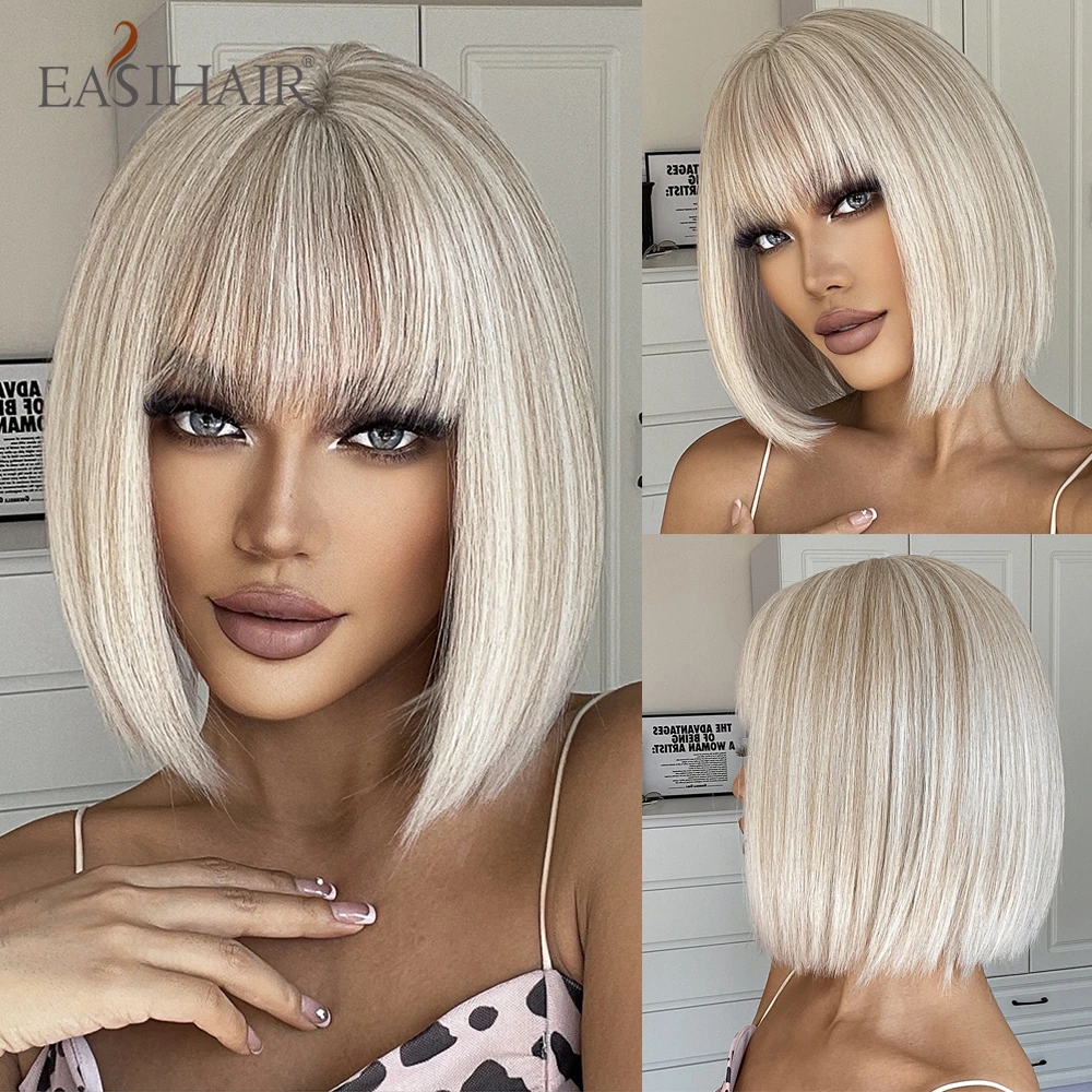 EASIHAIR Synthetic Bob Wigs with Bang Short Straight Light Blonde Beige Natur - £10.04 GBP+