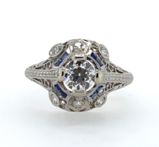 Art Deco Platinum .62ct Diamond Ring Jewelry w/ Lab-Created Sapphires GIA #J5929 - £2,565.02 GBP
