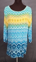 RUBY Turquoise Blue Colorful Pattern  Embellished SPRING Asymetric Hem Tunic L - £15.76 GBP