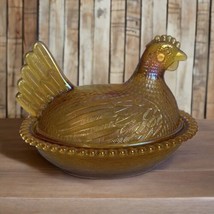 Vintage Amber Iridescent Indiana Carnival Glass Hen On Nest Candy Dish  - $37.80