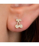 14K Solid Gold Cherry Stud Earrings Stacking Ear Studs Minimalist Diamon... - $678.07 CAD