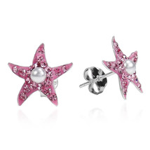 Pink Cubic Zirconia Starfish Pearl Centered .925 Silver Stud Earrings - £8.85 GBP
