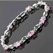 10Ct Oval Cut Pink Sapphire &amp; Diamond 7 Inch Bracelet 14Kt White Gold Finish - £143.20 GBP