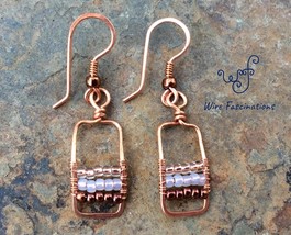 Handmade copper earrings: short rectangles with wire wrapped copper glass beads - £19.54 GBP