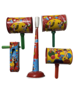Vintage Tin Litho Noise Maker Horns Party Play Toys US Metal Toy Mfg Clown - $18.99