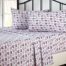 Kid Zone 3-Piece Sheet Set - White w/ Pink/Gray Cat Print, Twin Size - £21.36 GBP