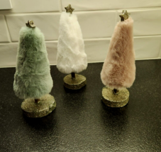 NEW! CUTE! SET 3 FUZZY FUR TREES 7&quot; GLITTER WHITE/PINK/GREEN - £10.24 GBP