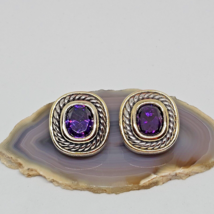 VTG Signed FJ Purple Crystal Clip On Earrings Fragrant Jewels Silver Gold Tone - £13.54 GBP