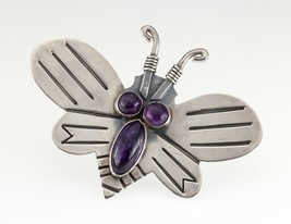 Large Sterling Silver Butterfly With Amethyst Brooch, 85mm Wide! 39.5gr - £307.61 GBP