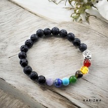 Bracciale Unisex In Pietre Nero Lava Rock Con 7 Chakra Reiki Healing Buddha - $14.24