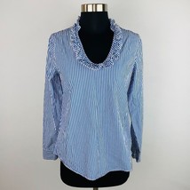 Gap Womens Small S Blue White Striped Pullover Top Ruffled Neckline - £10.19 GBP