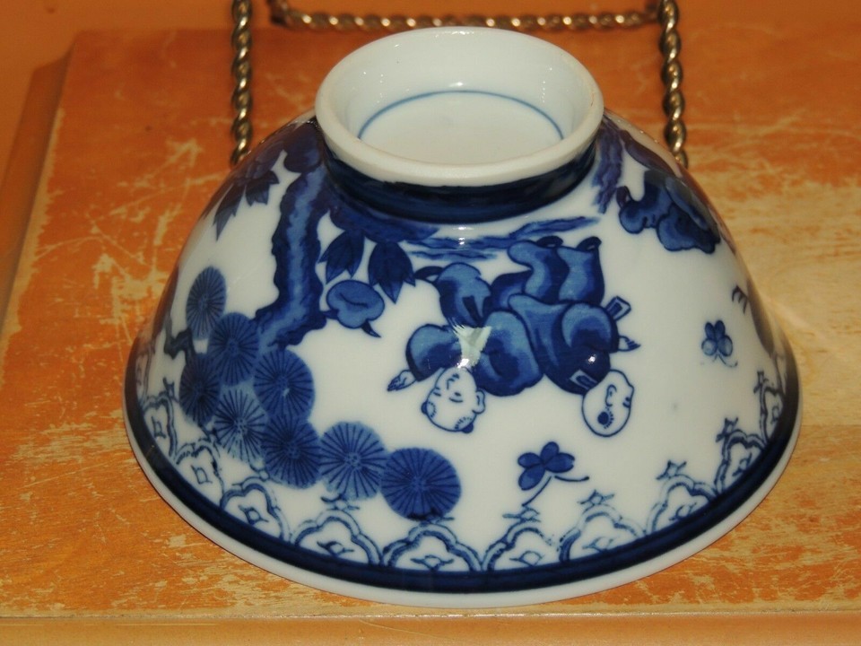 Porcelain Bowl 4.5" White w Cobalt dark Blue boys chasing butterflies Ja ID: 492 Item image 2