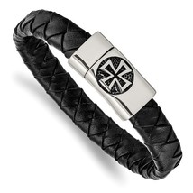 Stainless Steel  Antiqued & Polished Cross Black Leather Bracelet - $74.99