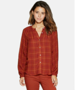 NWT Universal Thread Plaid Long Sleeve Crewneck Button-Front Peasant Top... - $12.99