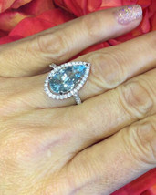 Elongated 3Ct Pear Cut Aquamarine &amp; Zircon Halo Engagement Ring in 925 Silver - £92.44 GBP