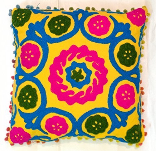 Traditional Jaipur Suzani Pillow, Embroidered Cushion Cover 16x16, Decorative Th - $15.67