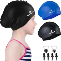 Kids Swim Caps for Long or Short Hair Large Black Blue Nose &amp; Ear Plugs ... - $13.20