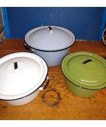 Vintage Enamel Enamelware Pots w/ Lid Olive Green gray white - £30.27 GBP