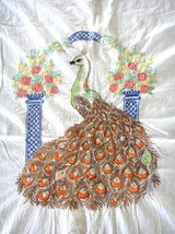 Vintage Embroidered Fabric Summer Spread Tablecloth Peacock 72&quot;x84&quot; - £50.59 GBP