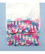 Guest Towel Hand Crocheted Blue Pink  Edges White Cotton 16&quot;x28&quot; - $11.95