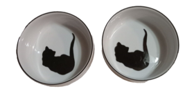 2 Cat Stoneware Dishes Feeders Waterer White Black 4.5&quot; Kitten Food Water Spot - £16.27 GBP