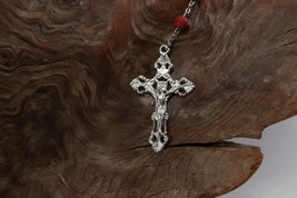 Vintage Silver Red Clay Beaded Jesus Crucifix Cross Pendant Rosary Necklace - £9.33 GBP