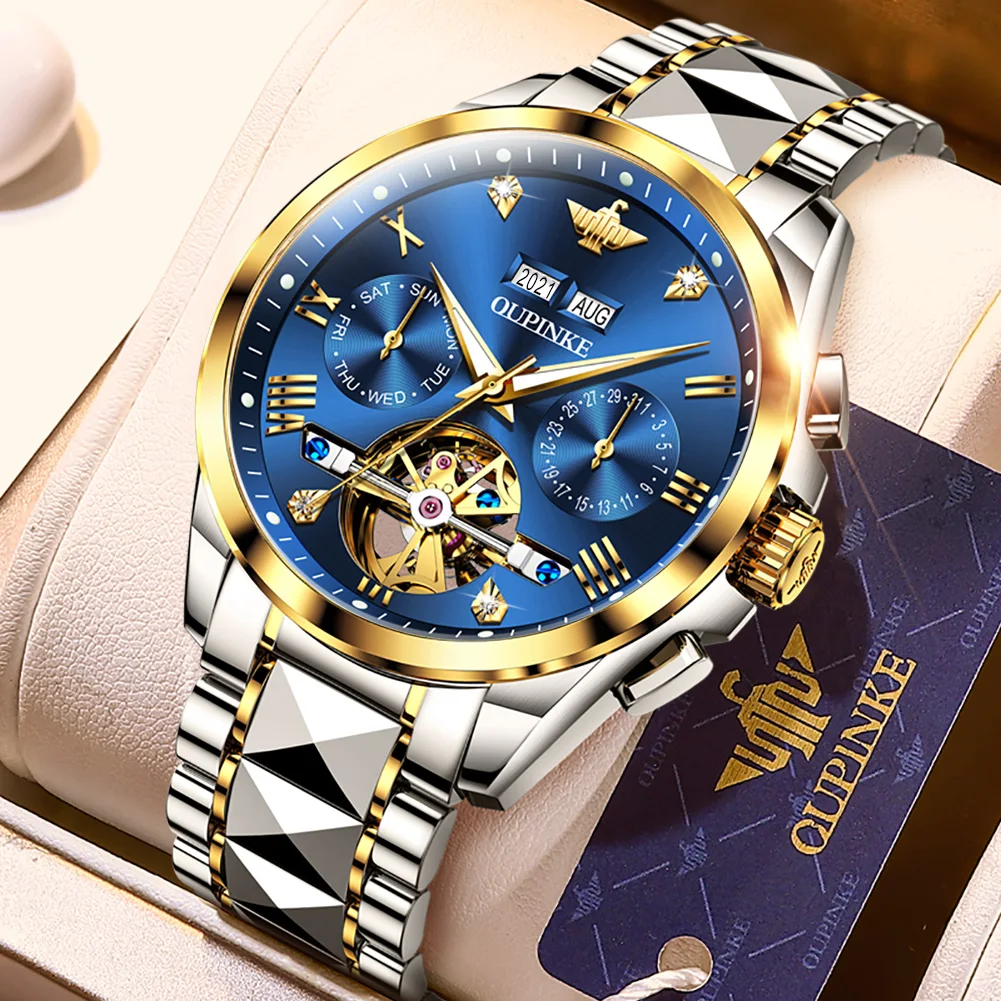 OUPINKE   Men's Watches Luxury Sapphire Automatic Mechanical Watch for Man Tungs