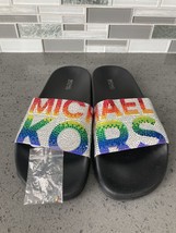 New Michael Kors Gilmore Rainbow White Micro-Suede Crystal Slides Women’s Size 7 - £34.33 GBP