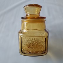 Vintage Wheaton NJ Honey Amber Colored Glass Candy Jar with Heart and Fish - $21.66