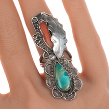 sz5.5 Vintage Native American silver, turquoise, and coral long ring - $108.90