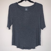 Gray Ribbed Blouse Women’s Large Soft Short Sleeve Shirt Top Fall Minimalist - £17.86 GBP