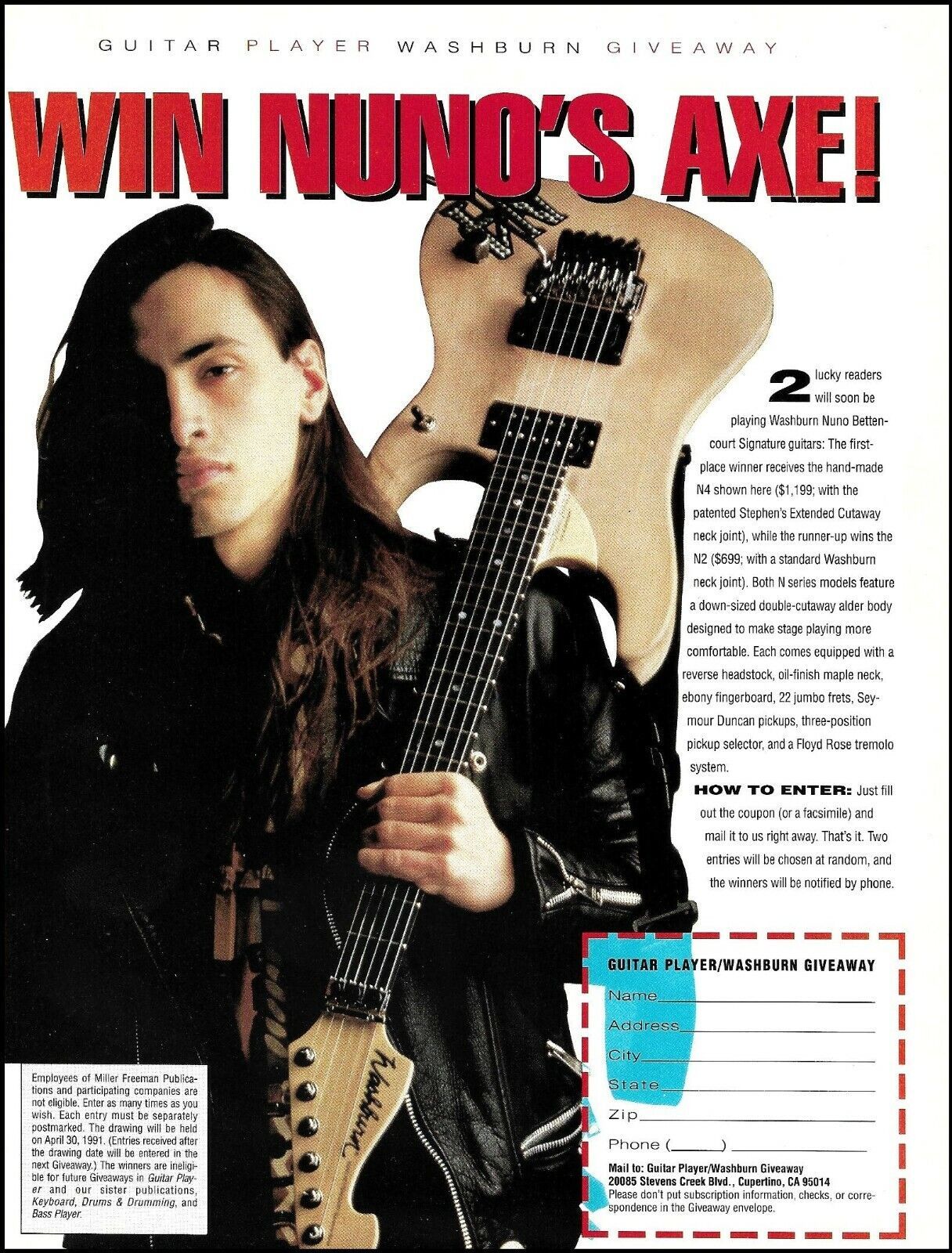 Extreme Nuno Bettencourt Washburn N4 guitar 1991 contest entry form ad print - $4.23