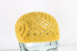NOS Vtg 70s Streetwear Crochet Wool Knit Flower Skull Beanie Hat Yellow Women OS - £31.25 GBP