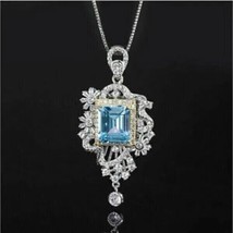 3Ct Emerald Cut Aquamarine Lab Created Halo Pendant 14K White Gold Plated - £108.49 GBP