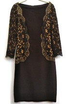 Tadashi Shoji Black Pleated Dress Size M Beige Contrast Lace Sleeve Sheer Lining - £32.89 GBP