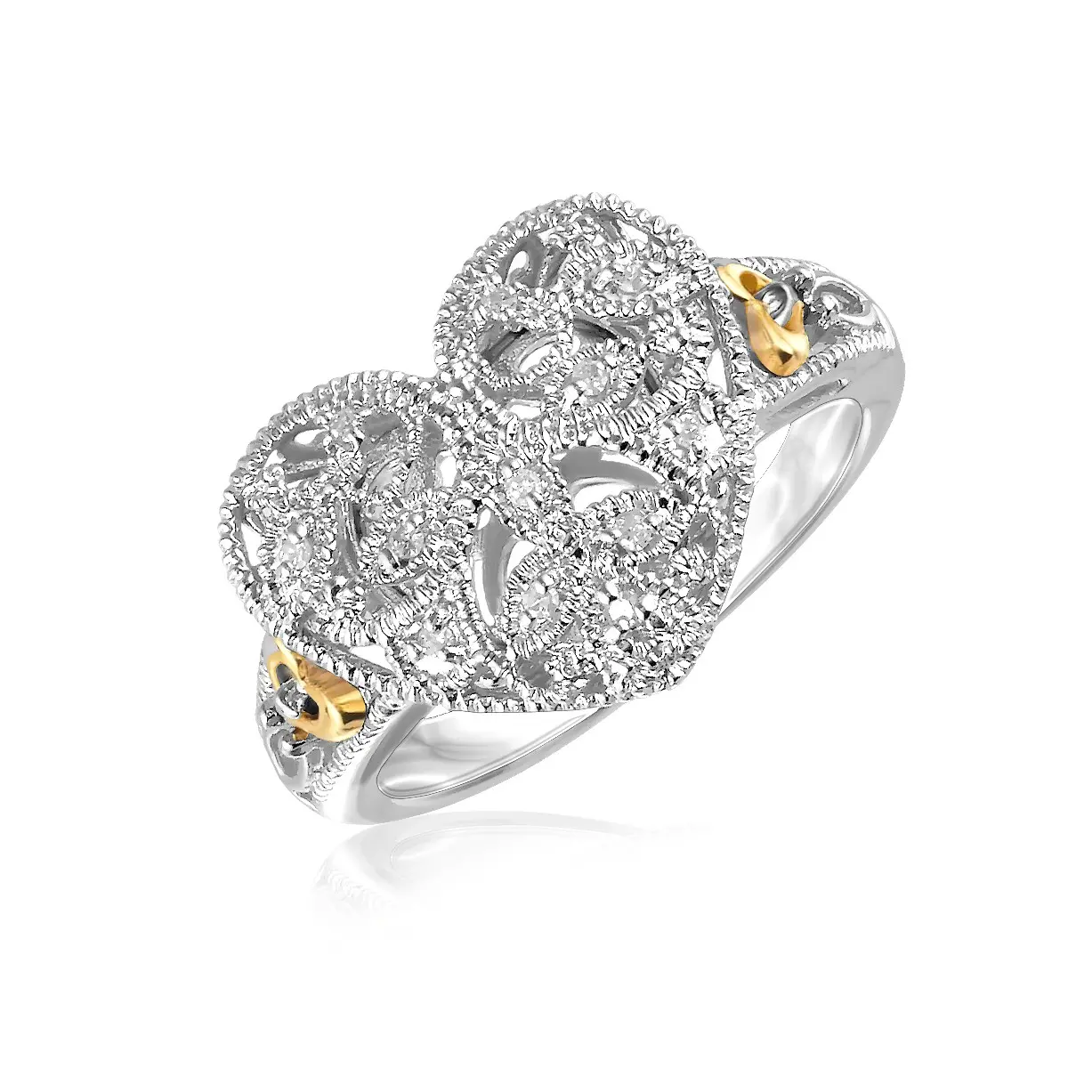 Designer Sterling Silver and 14k Yellow Gold Filigree Heart Ring with Diamonds - - £141.73 GBP